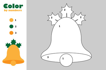 Bell in cartoon style, color by number, christmas education paper game for the development of children, coloring page, kids preschool activity, printable worksheet, vector illustration