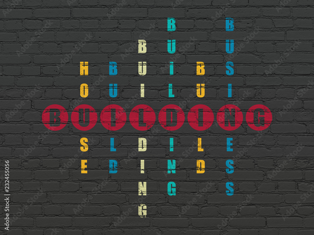 Poster constructing concept: painted red word building in solving crossword puzzle
