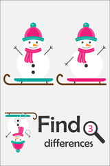 Find 3 differences, christmas game for children, snowman in cartoon style, education game for kids, preschool worksheet activity, task for the development of logical thinking, vector illustration