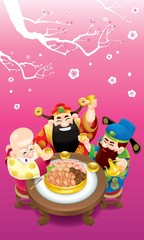 Naklejka premium Three cute Chinese gods (represent long life, wealthy and career) are feasting cheerfully. 