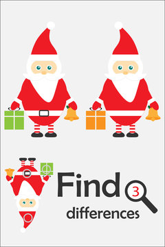 Find 3 differences, christmas game for children, Santa Claus in cartoon style, education game for kids, preschool worksheet activity, task for the development of logical thinking, vector illustration