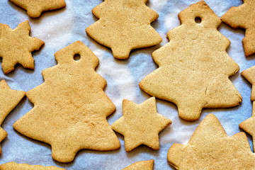 Making Christmas gingerbread at home, shapes from dough are cutted with cutters, such as trees are baked and ready to be decorated