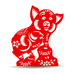 Happy Chinese New Year 2019. Year of the Pig. Red silhouette on white background,