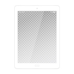 Realistic illustration of white tablet with transparent touch screen with battery, wifi and cellular network symbols, with glare, isolated on white background