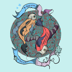 Pieces horoscope sing in  tattoo style, astro illustration