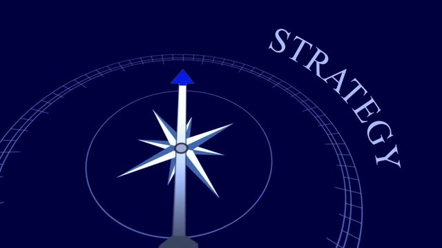 Strategy: animation with compass arrow rotating on the blue background near the word &ldquo;Strategy&rdquo;