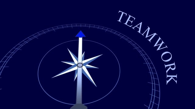 Teamwork: animation with compass arrow rotating on the blue background near the word &ldquo;Teamwork&rdquo;