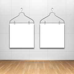 3d illustration rendering of two blank square frames on tiled wall and brown parquet