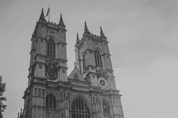 Fototapeta na wymiar Black and white of Westminster Abbey West facade. London, England.