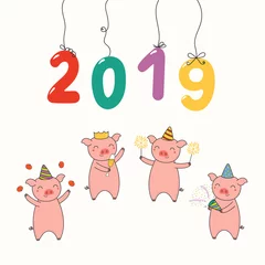Deurstickers Hand drawn New Year 2019 card, banner with numbers hanging on strings, cute funny pigs celebrating. Line drawing. Isolated objects on white background. Vector illustration. Design concept for party. © Maria Skrigan