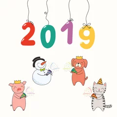 Foto op Plexiglas Hand drawn New Year 2019 card, banner with numbers hanging on strings, cute funny animals celebrating. Line drawing. Isolated objects on white background. Vector illustration. Design concept for party © Maria Skrigan