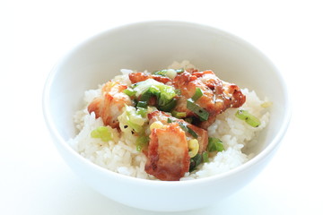 Asian  food, scallion and chicken stir fried on rice