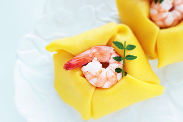 Japanese food, fried egg wrapped shrimp sushi