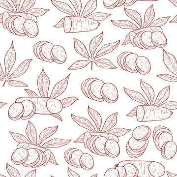 Cassava. Fruit, leaves. Background, wallpaper, texture, seamless