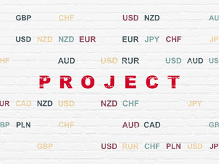 Finance concept: Painted red text Project on White Brick wall background with Currency