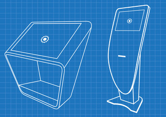 Blueprint of Two Promotional Interactive Information Kiosk, Advertising Display, Terminal Stand, Touch Screen Display. Mock Up Template.