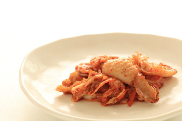 Korean food, chicken skin and kimchi stir fried