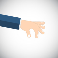 Picking hand. Gesture with a man's hand in a suit close-up. Take an object, subject, element. Lift up. Vector illustration flat design. Pick up something.