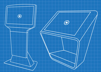 Blueprint of Two Promotional Interactive Information Kiosk, Advertising Display, Terminal Stand, Touch Screen Display. Mock Up Template.