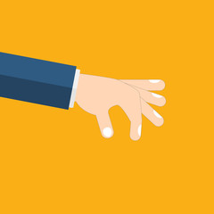Picking hand. Gesture with a man's hand in a suit close-up. Take an object, subject, element. Lift up. Vector illustration flat design. Pick up something.