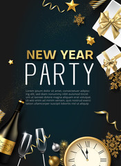 New Year party poster with Christmas decorations, gifts, Champagne and clock.