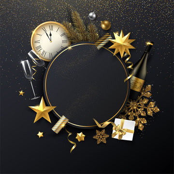 Christmas and New Year round poster with Christmas decorations, gift, Champagne and clock.