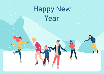 Happy New Year poster with people skating on the ice rink.