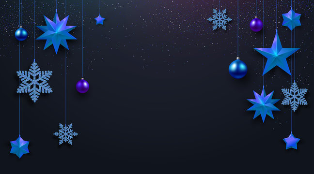 Christmas And New Year Poster With Blue Stars, Christmas Balls And Snowflakes.