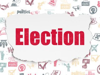 Fototapeta premium Politics concept: Painted red text Election on Torn Paper background with Hand Drawn Politics Icons