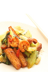 Asian food, chili pepper stir fried with prawn and celery