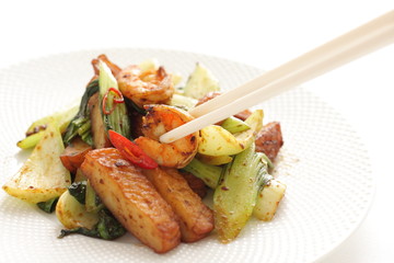 Asian food, chili pepper stir fried with prawn and celery