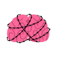 Brain and barbed wire. Sick Brains Internal organs Human anatomy. Metaphor of problems and reduced health. pain medical health care concept