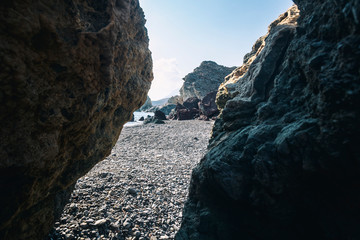 Stone rocky coast of the Mediterranean Sea, Kos island, Greece, beautiful landscape