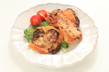 Asian food, cheese and lotus roots slices fried