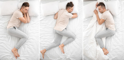 Handsome man sleeping in different positions on bed, top view - obrazy, fototapety, plakaty