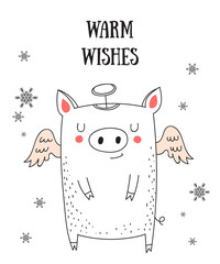 Creative postcard for New 2019 Year with cute pig and winter slogan