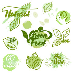 Collection of eco green labels with ink spots