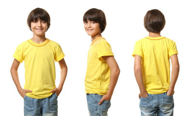 Collage with little boy in t-shirt on white background. Front, side and back view
