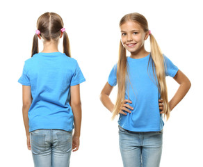 Little girl in t-shirt on white background. Front and back view