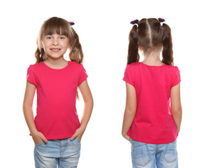 Little girl in t-shirt on white background. Front and back view
