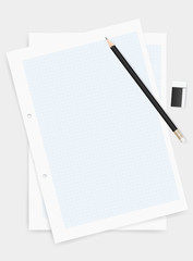 Pencil and eraser on drawing paper background with area for creative and design. Vector.
