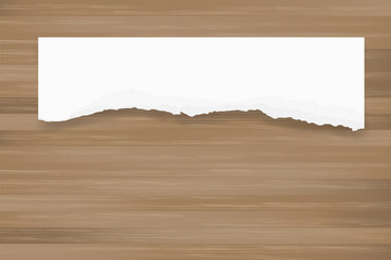 Ripped paper background on brown wood texture. Torn paper edge with area for copy space. Vector.