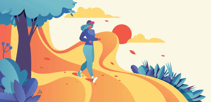 Horizontal illustration good for banner design with running woman. Jogging sport illustration in bright colors and gradients with sky, sun and greenery © yokunen