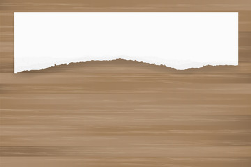Ripped paper background on brown wood texture. Torn paper edge with area for copy space. Vector.