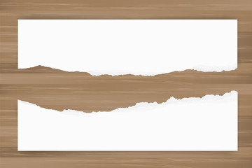 Ripped paper background on brown wood texture. Torn paper edge with area for copy space. Vector.