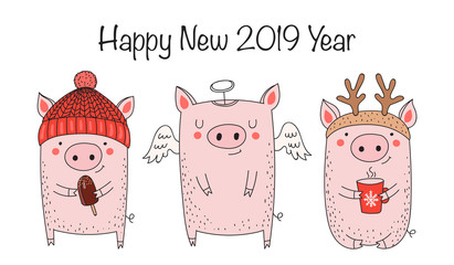 Holiday banner. New 2019 Year posters with cute pig and winter slogan