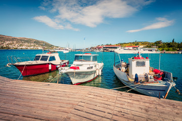 Picturesque spring scene of the Porto Rafti port. Sunny morning seascape of Aegean sea, Greece....