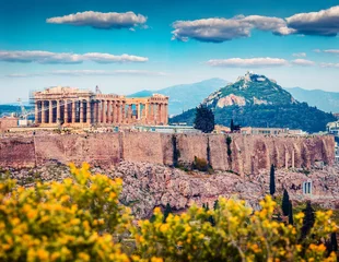 Acrylglas douchewanden met foto Athene Prachtig uitzicht op de lente van Parthenon, voormalige tempel, op de Atheense Akropolis, Griekenland, Europa. Kleurrijke ochtendscène in Athene. Treveling concept achtergrond. Post-bewerkte foto in artistieke stijl.