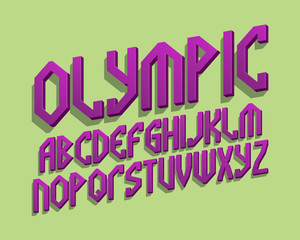 Olympic alphabet. Purple 3d letters font. Isolated english alphabet.
