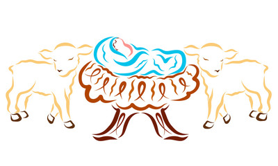 Jesus sleeping in a manger and two lambs standing nearby